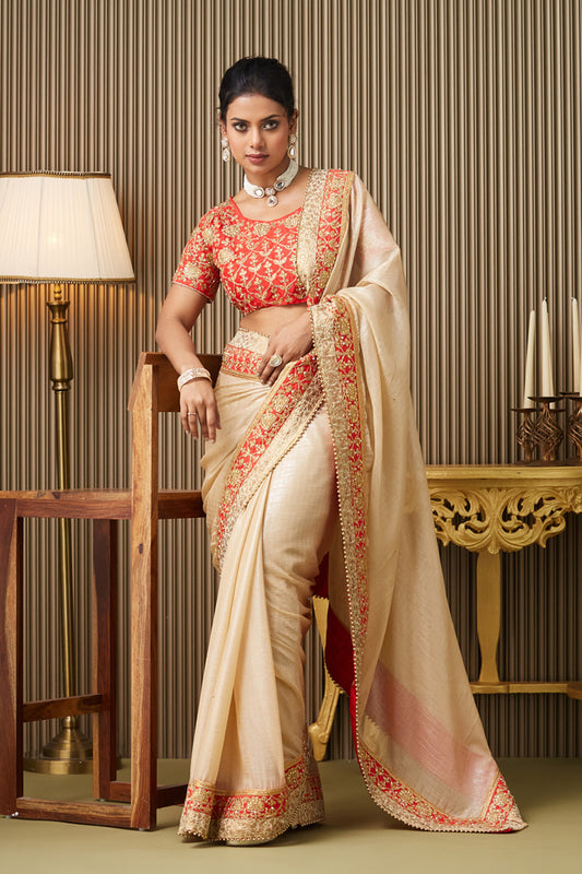 Beige Embroidered Chiffon Saree With Blouse