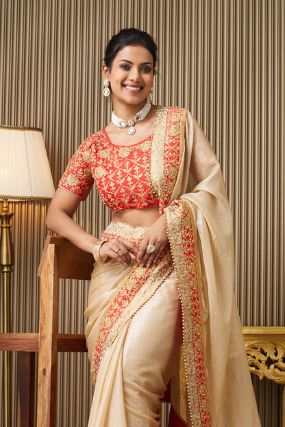 Beige Embroidered Chiffon Saree With Blouse