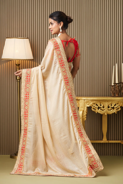 Beige Embroidered Chiffon Saree With Blouse