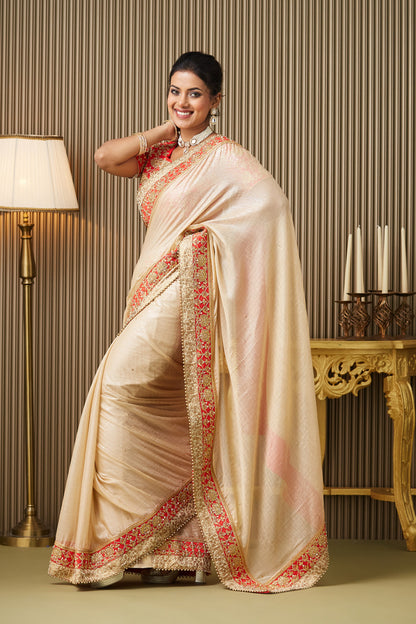 Beige Embroidered Chiffon Saree With Blouse