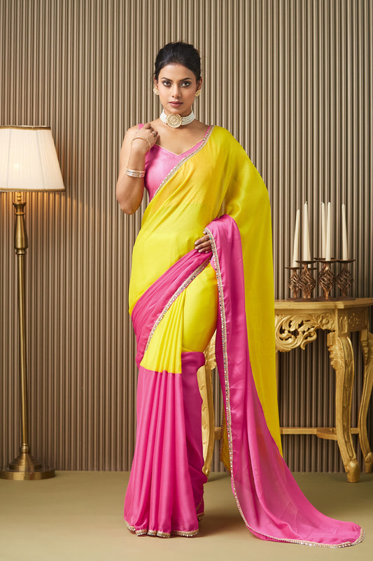 Pink Yellow Colorblocked Chiffon Saree With Blouse