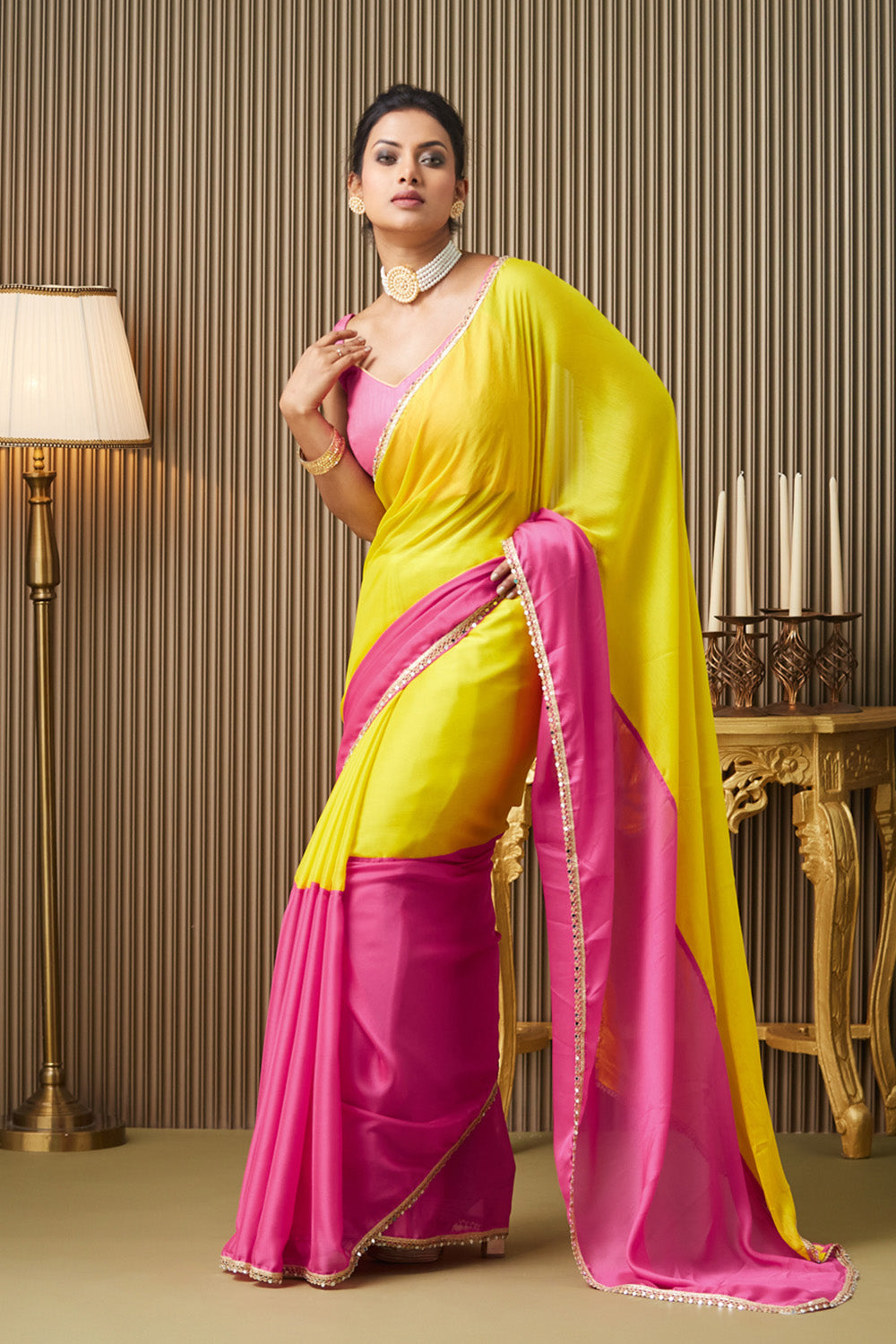 Pink Yellow Colorblocked Chiffon Saree With Blouse