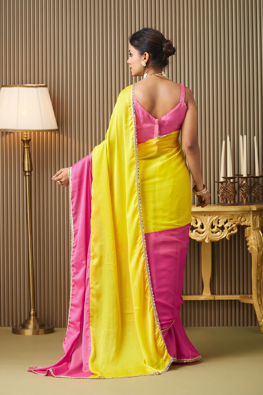 Pink Yellow Colorblocked Chiffon Saree With Blouse