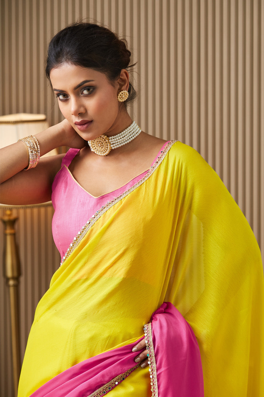 Pink Yellow Colorblocked Chiffon Saree With Blouse