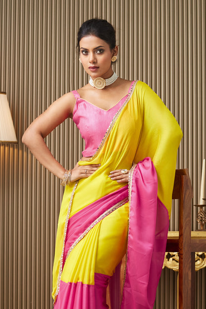 Pink Yellow Colorblocked Chiffon Saree With Blouse