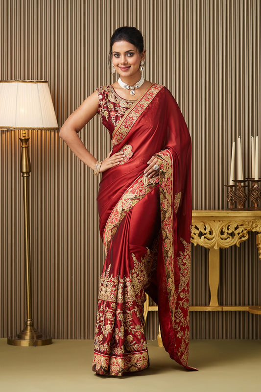 Red Embroidered Satin Saree With Blouse