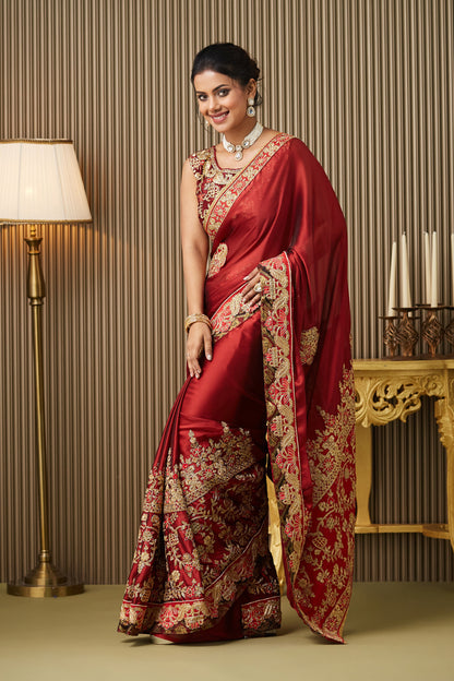 Red Embroidered Satin Saree With Blouse