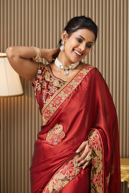 Red Embroidered Satin Saree With Blouse