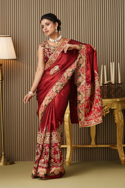 Red Embroidered Satin Saree With Blouse