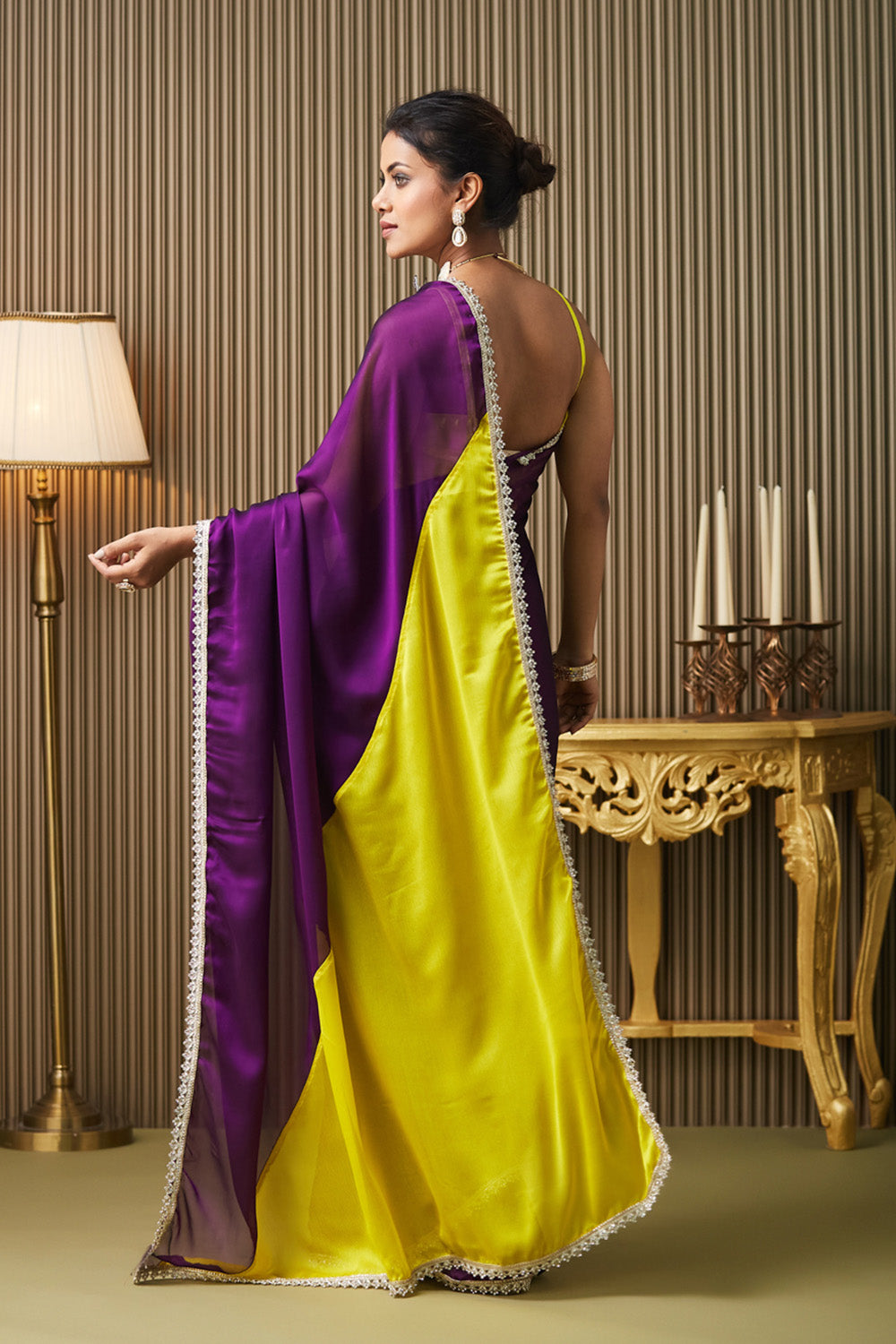 Purple Mirrorwork Colorblocked Chiffon Saree With Blouse