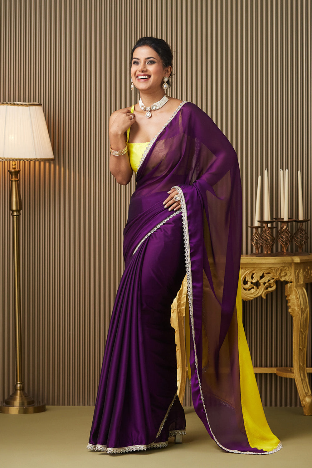 Purple Mirrorwork Colorblocked Chiffon Saree With Blouse