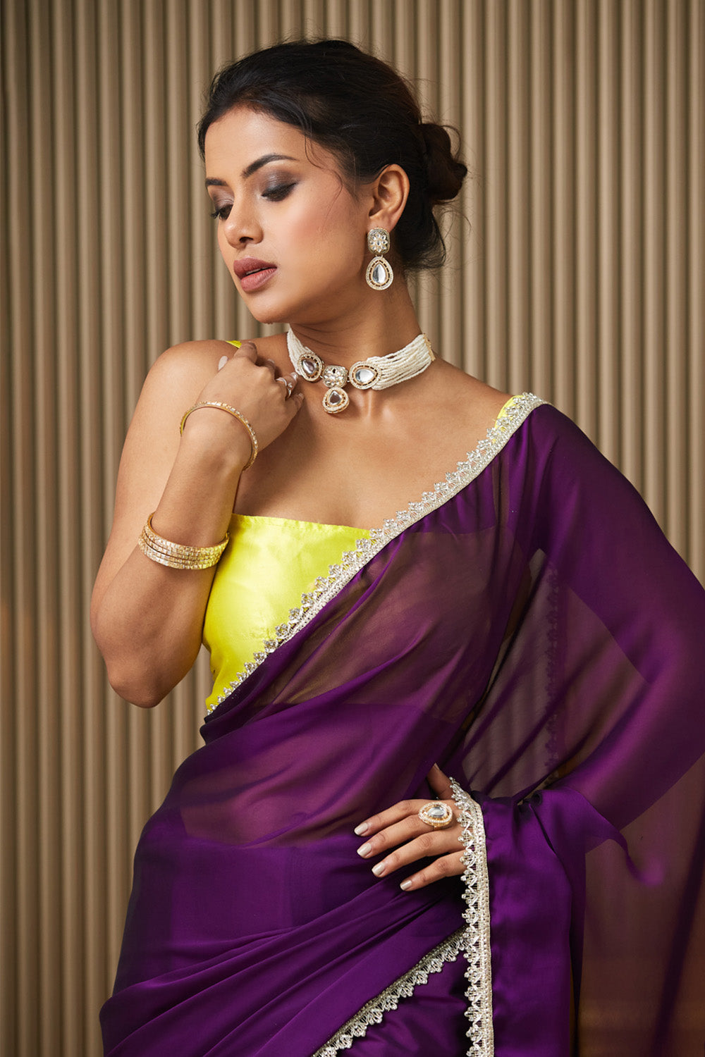 Purple Mirrorwork Colorblocked Chiffon Saree With Blouse