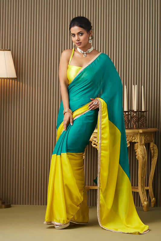 Green Yellow Motiwork Lace Chiffon Saree With Blouse