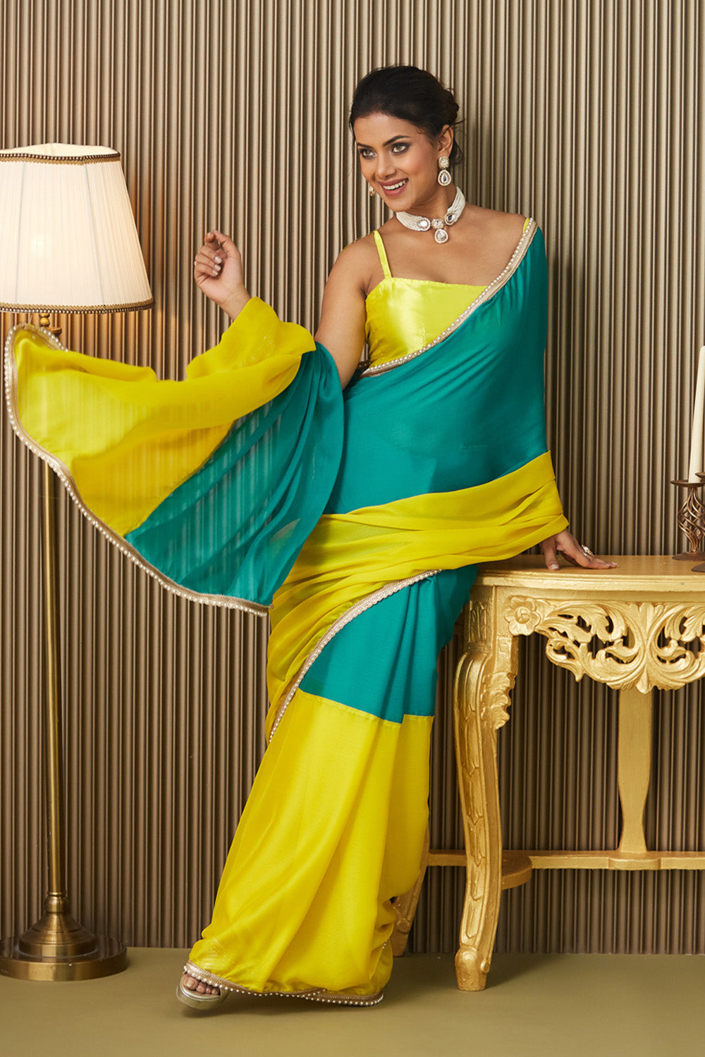 Green Yellow Motiwork Lace Chiffon Saree With Blouse