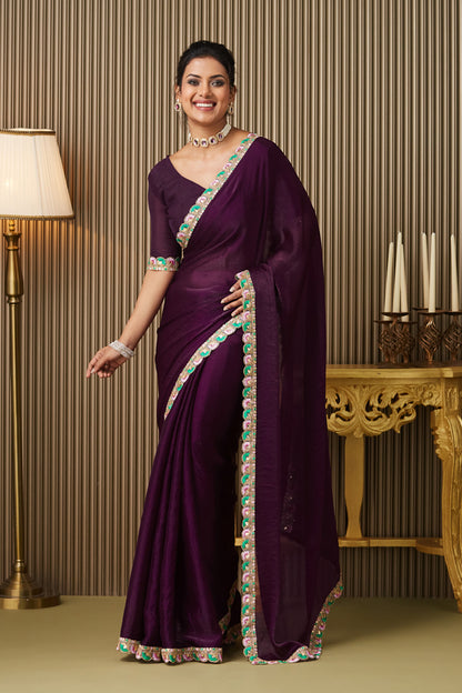 Purple Designer Chiffon Saree With Blouse