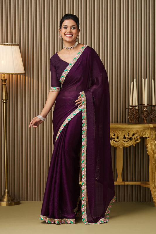 Purple Designer Chiffon Saree With Blouse