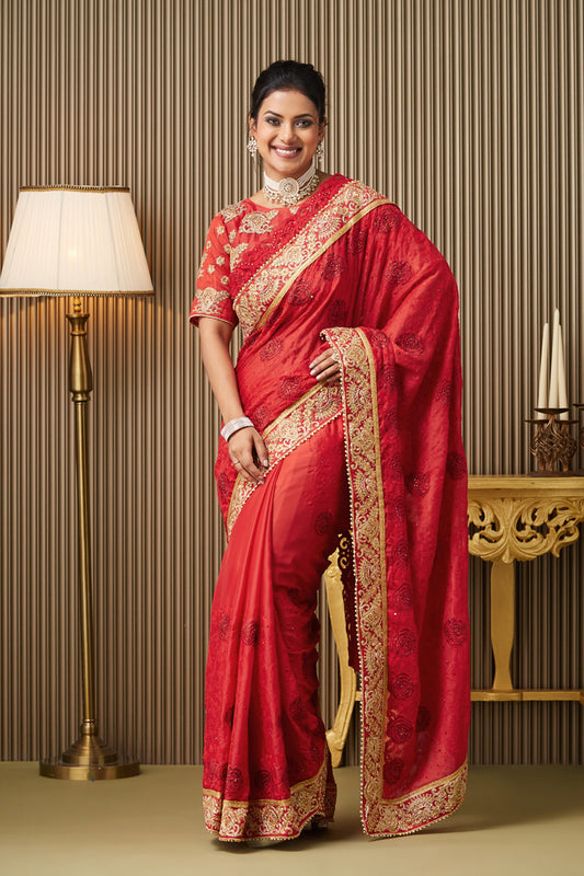Red Embroidered Satin Saree With Blouse