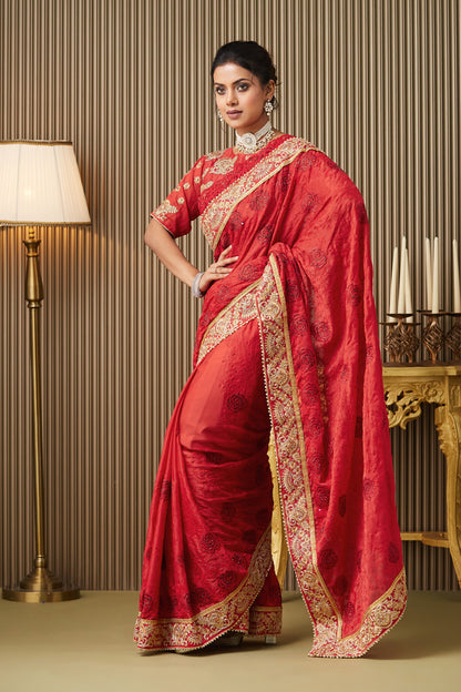 Red Embroidered Satin Saree With Blouse