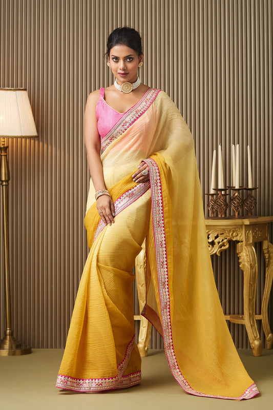 Yellow Gotta Patti Chiffon Saree With Blouse