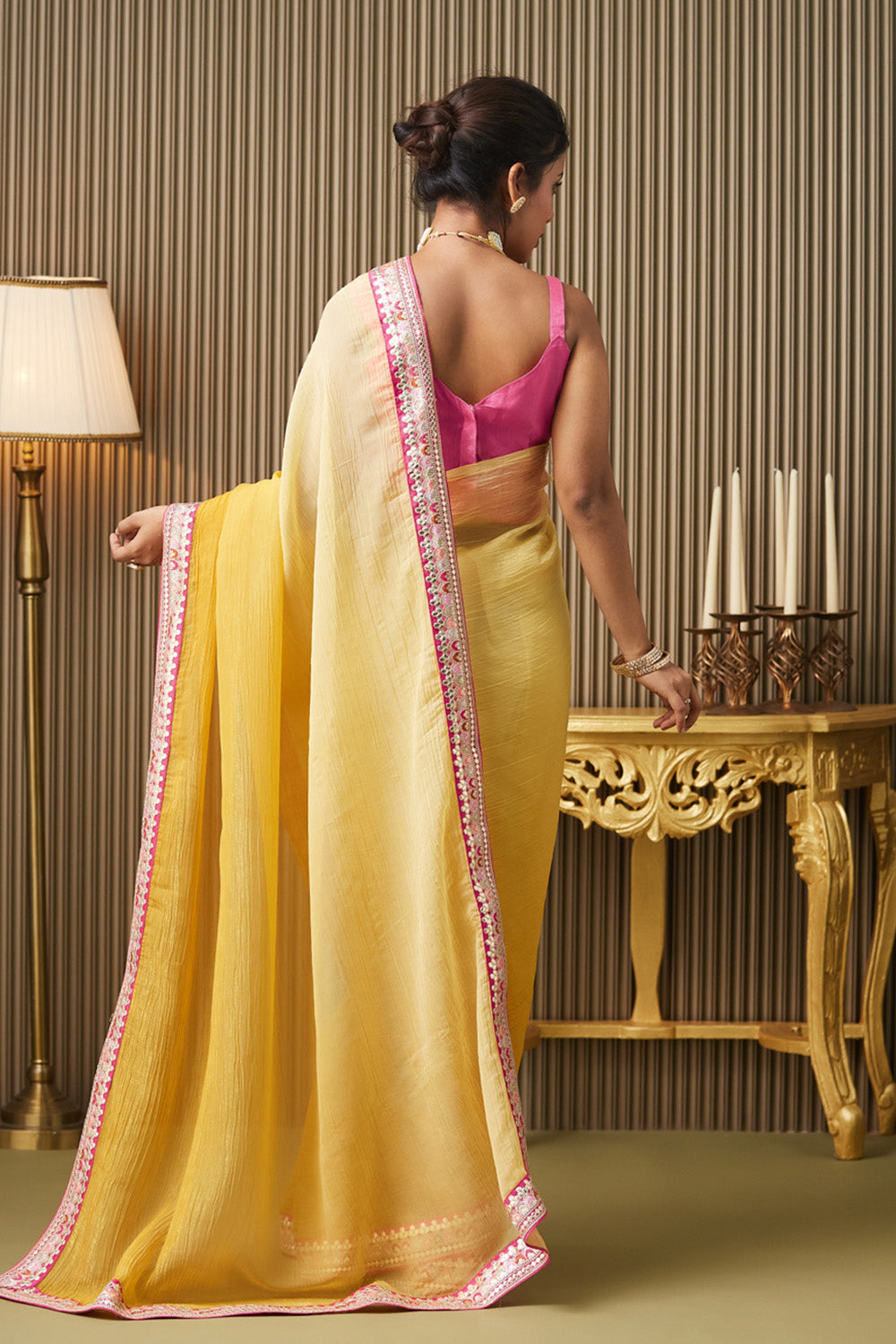 Yellow Gotta Patti Chiffon Saree With Blouse