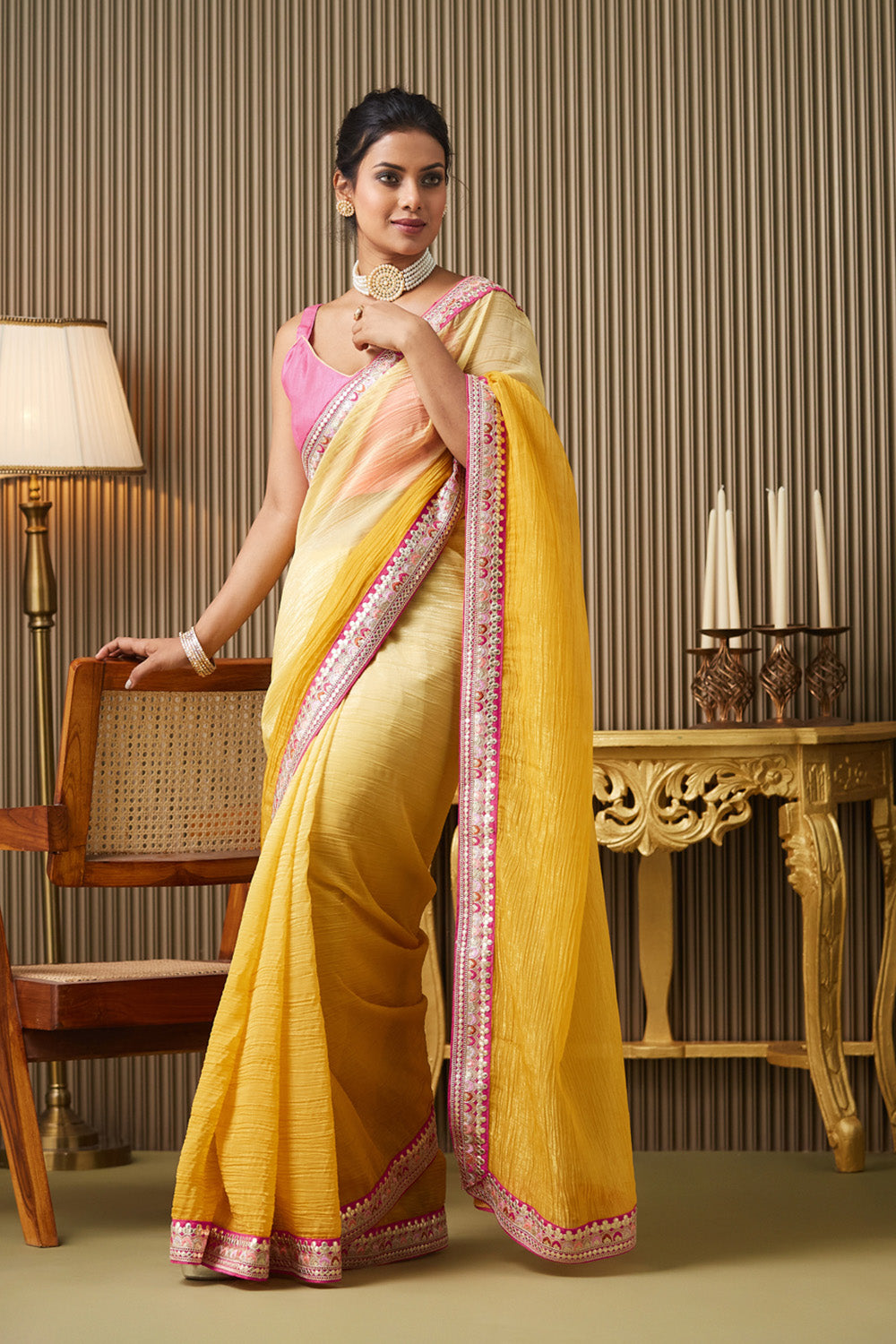Yellow Gotta Patti Chiffon Saree With Blouse