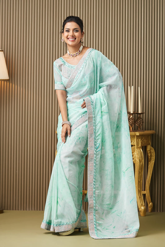 Turquoise Blue Embroidered Organza Saree With Blouse