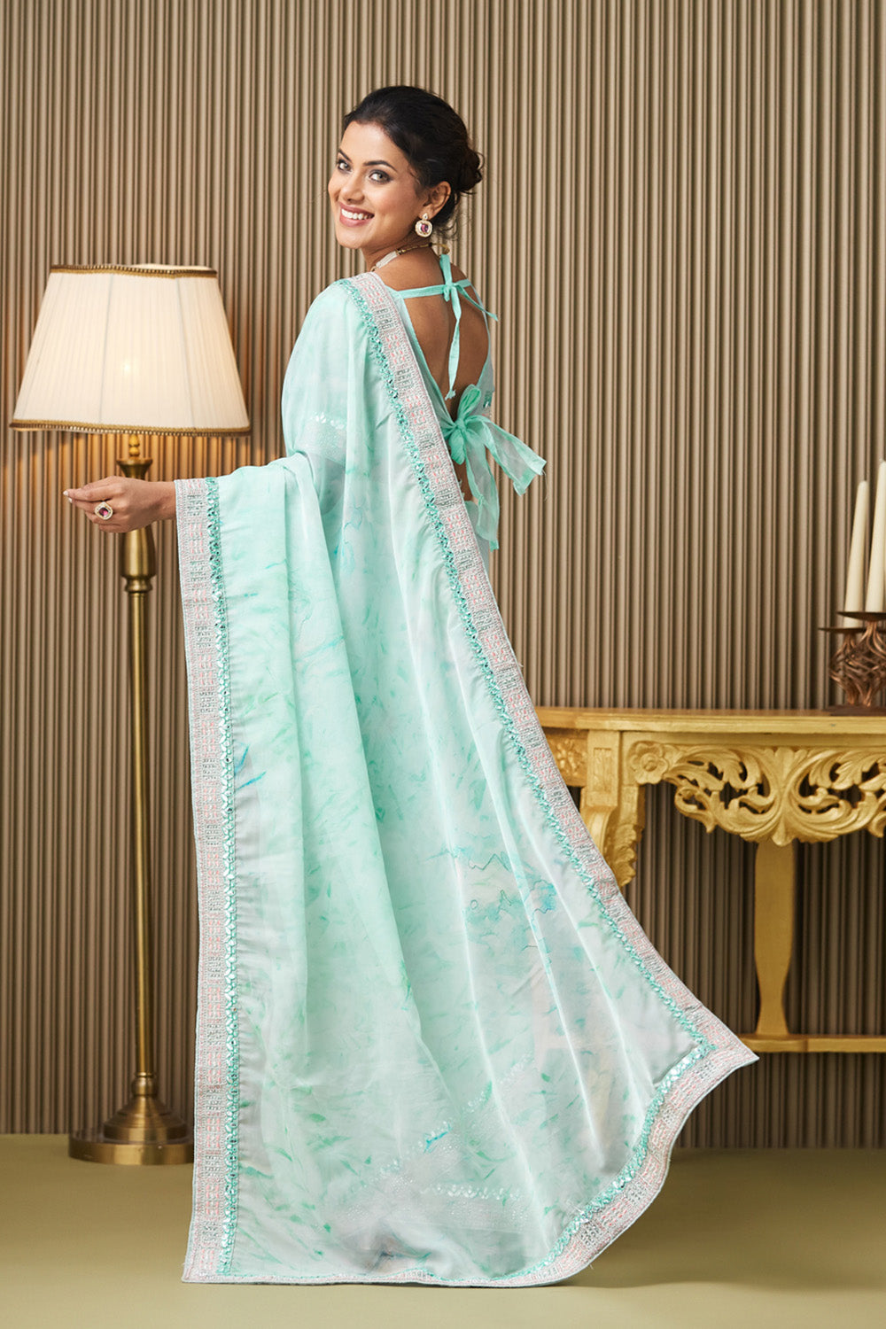 Turquoise Blue Embroidered Organza Saree With Blouse