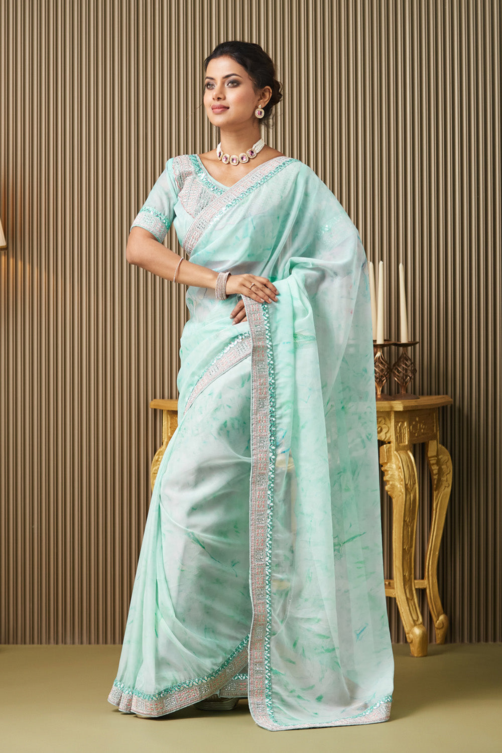 Turquoise Blue Embroidered Organza Saree With Blouse