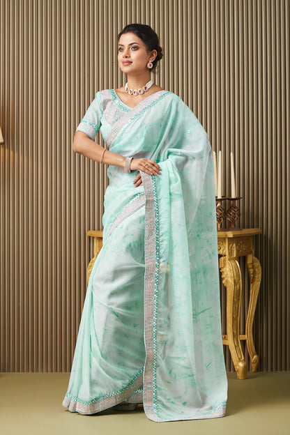Turquoise Blue Embroidered Organza Saree With Blouse