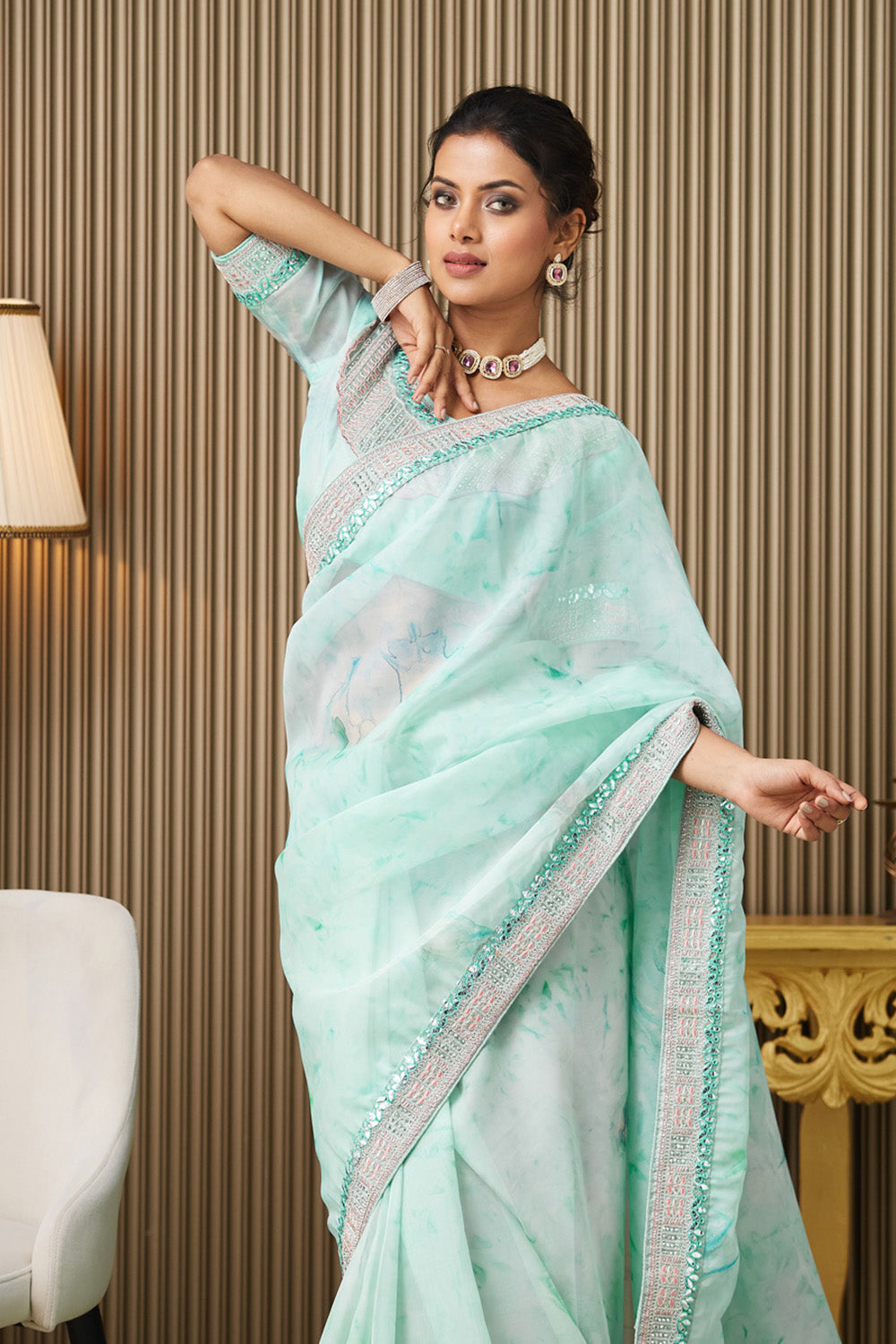 Turquoise Blue Embroidered Organza Saree With Blouse