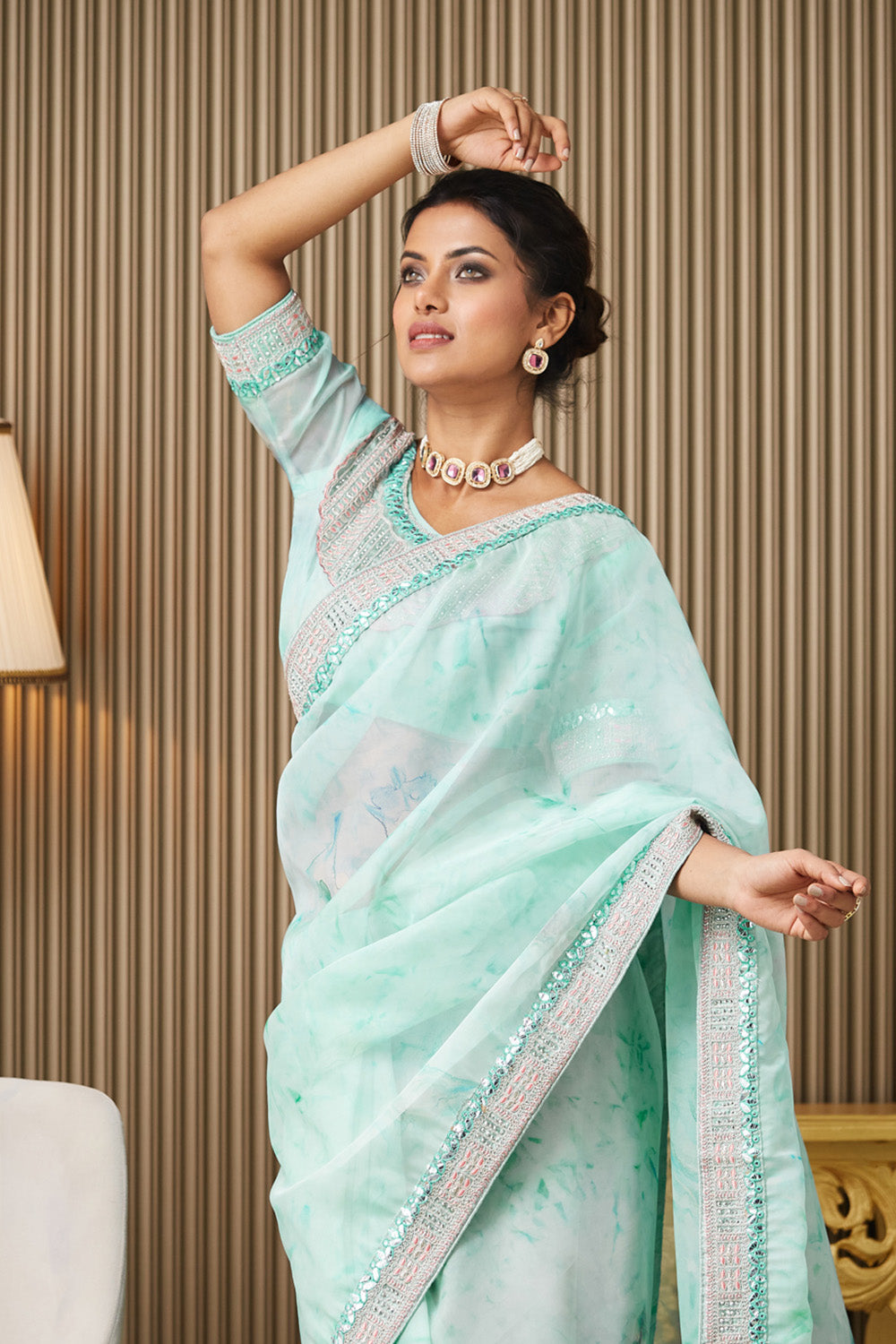Turquoise Blue Embroidered Organza Saree With Blouse