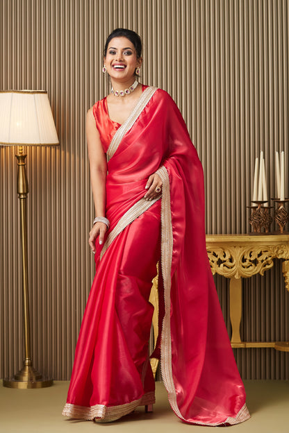 Red Organza Saree With Designer Lace and Blouse