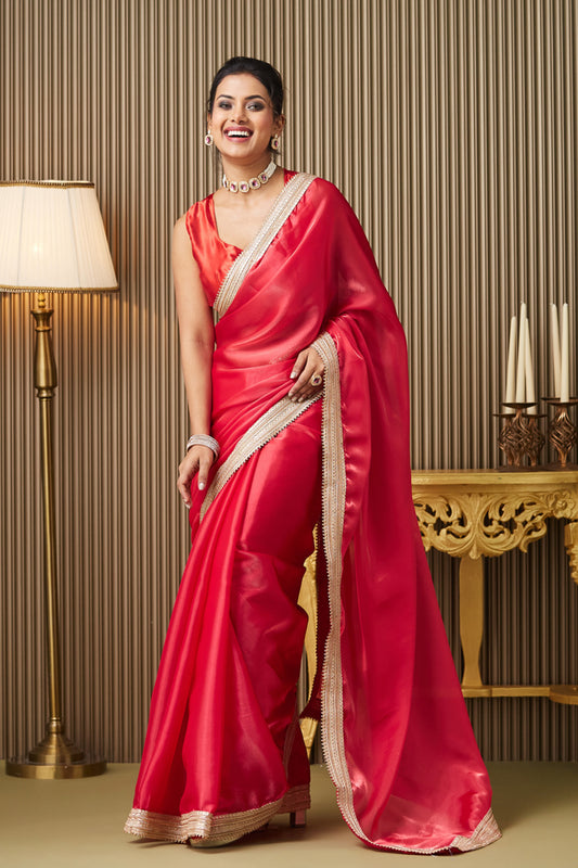 Red Organza Saree With Designer Lace and Blouse