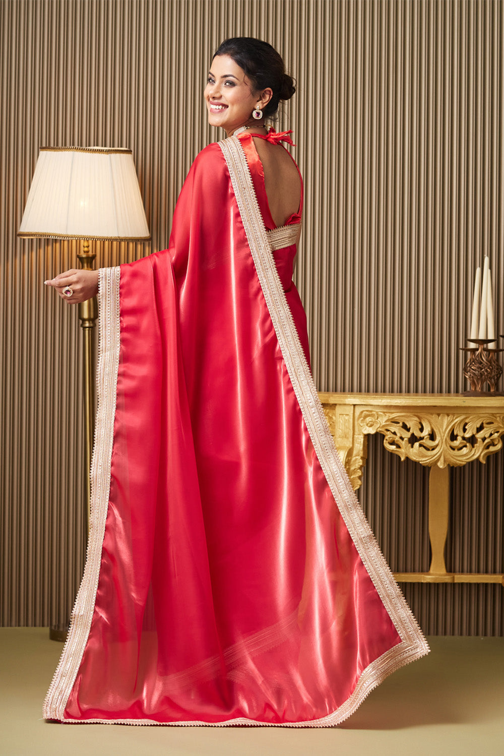 Red Organza Saree With Designer Lace and Blouse