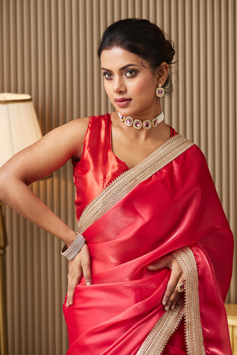 Red Organza Saree With Designer Lace and Blouse