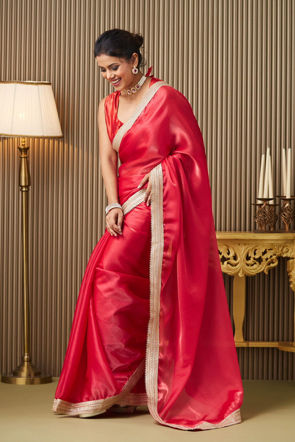Red Organza Saree With Designer Lace and Blouse
