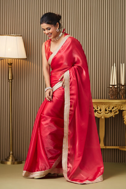 Red Organza Saree With Designer Lace and Blouse