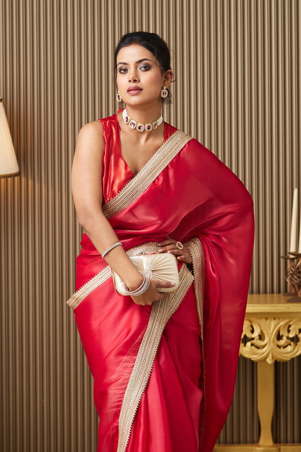 Red Organza Saree With Designer Lace and Blouse
