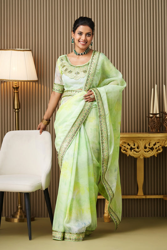Green Embroidered Organza Saree With Blouse