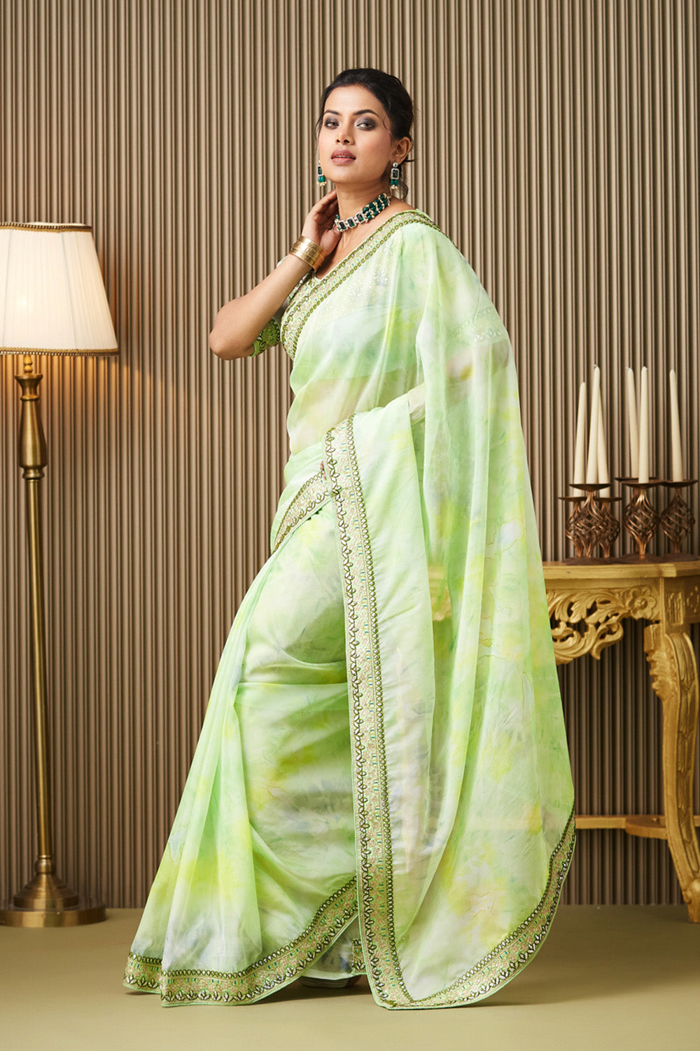 Green Embroidered Organza Saree With Blouse