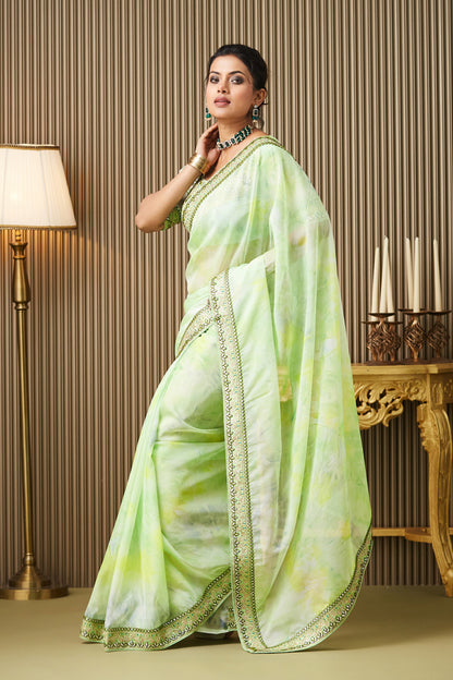 Green Embroidered Organza Saree With Blouse