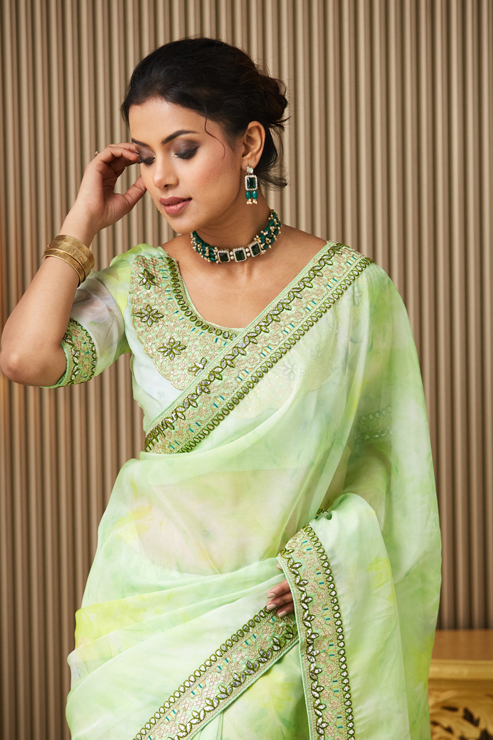 Green Embroidered Organza Saree With Blouse
