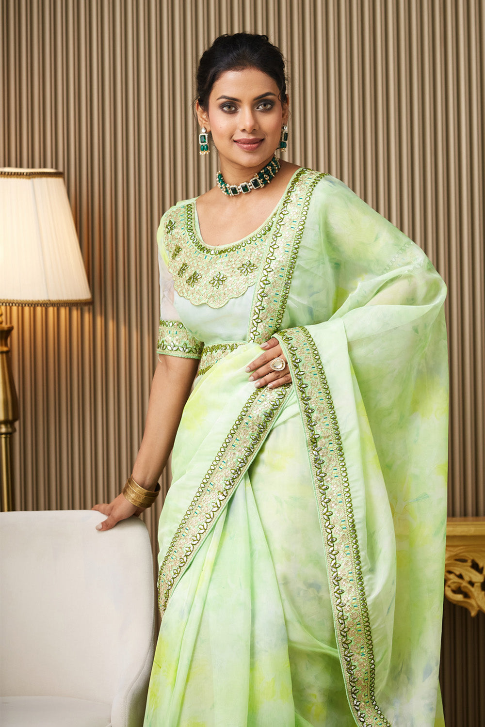 Green Embroidered Organza Saree With Blouse