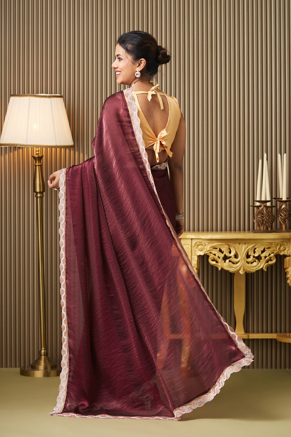 Maroon Beads Chiffon Saree With Blouse