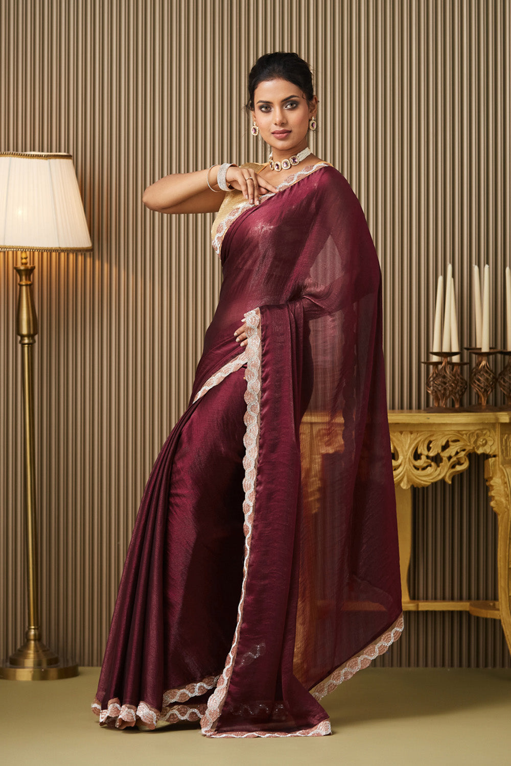 Maroon Beads Chiffon Saree With Blouse