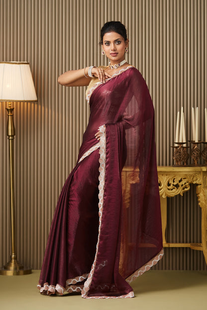Maroon Beads Chiffon Saree With Blouse