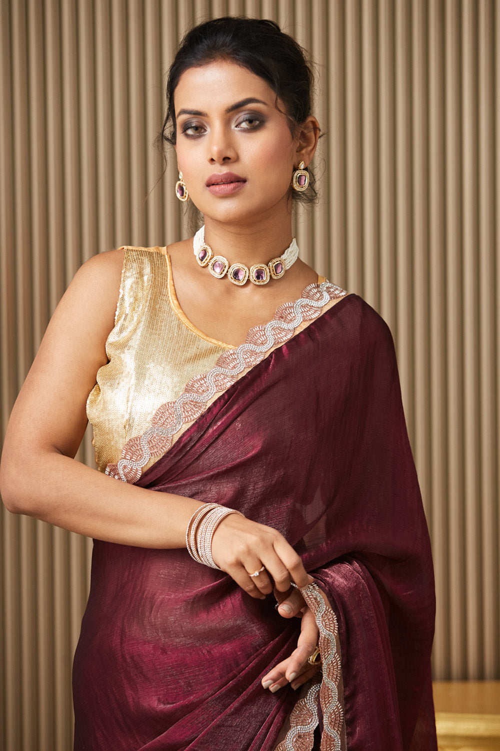 Maroon Beads Chiffon Saree With Blouse