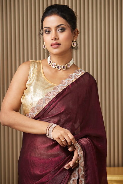 Maroon Beads Chiffon Saree With Blouse