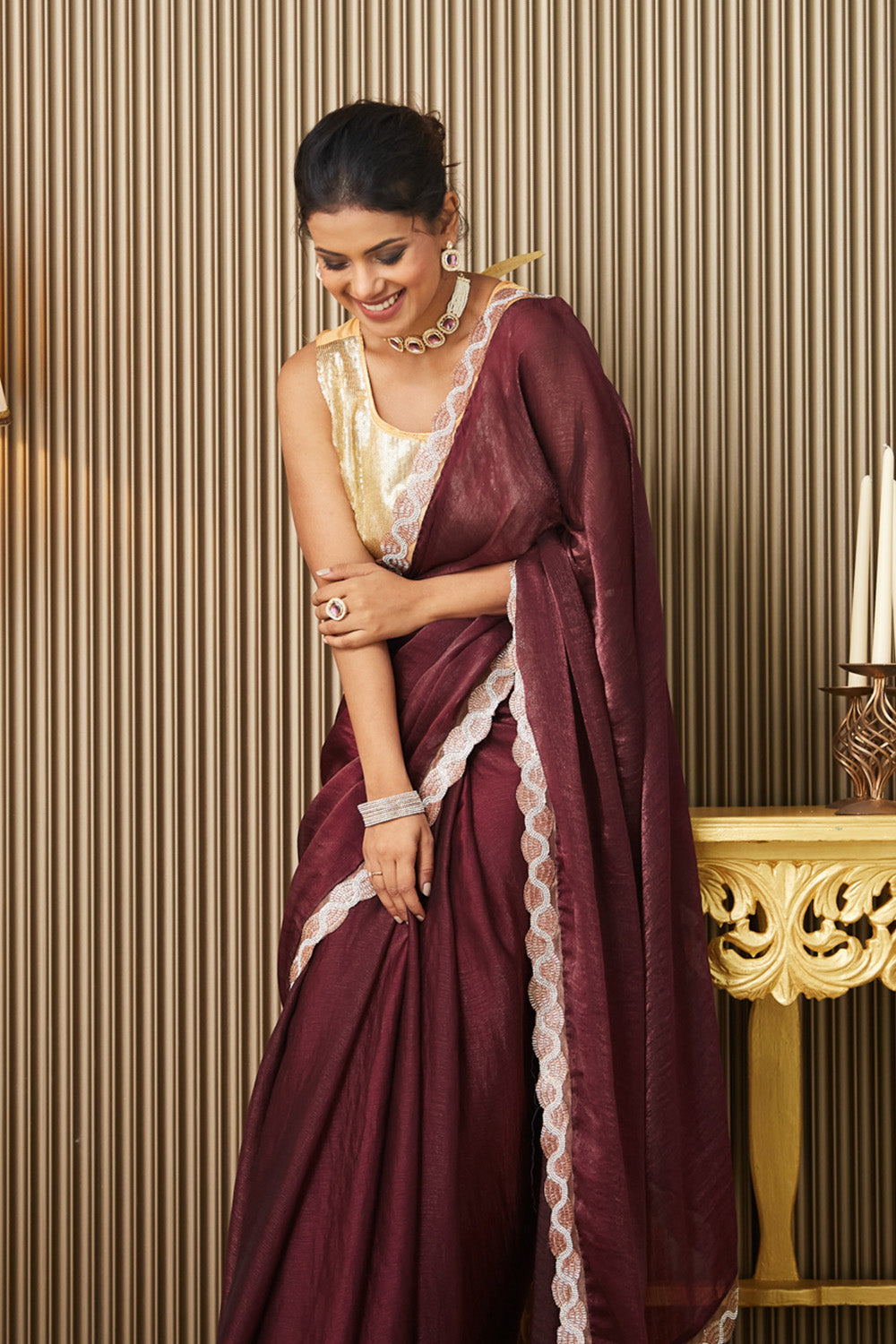 Maroon Beads Chiffon Saree With Blouse