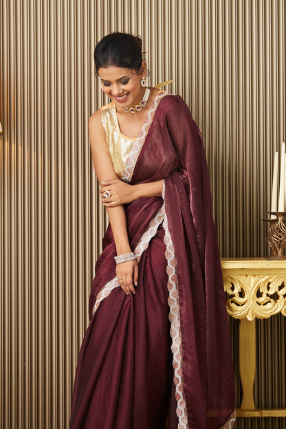Maroon Beads Chiffon Saree With Blouse